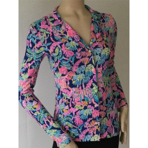 NEW LILLY PULITZER Oyster Bay Navy PJ Knit Button Up Long Sleeve Top (Size XXS) - Picture 4 of 12
